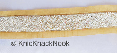 Beige Fabric Trim With White Seed Beads Embellishments, Beaded Trim,